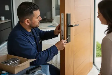 Chaveiro instalando uma nova fechadura em uma porta.