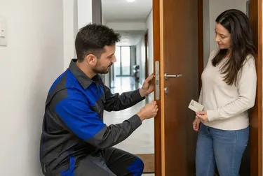Chaveiro realizando a abertura de uma porta com ferramentas profissionais.