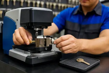 Chaveiro utilizando máquinha de duplicação para copiar chave.